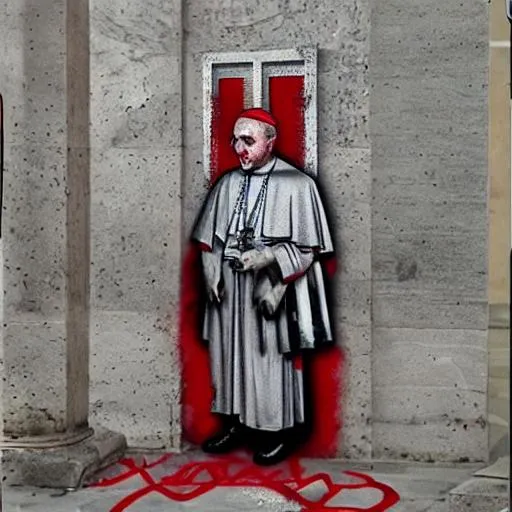 Prompt: hyper realistic hyper real vatican pope with hitler mustash and 666 drawn in red ink on forehead in red ink  in front of upside down american flag mark of beast on skin inside the vatican federal reserve wearing 666 all over with 666 on forehead damnit spraying graffiti on vatican banksy ascending out of hell with swastika on forehead