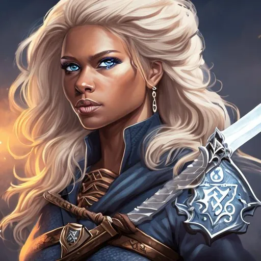 Prompt: darker-skin, Female Human, blue Eyes, blond hair, middle-age, sword in hand,  dnd character portrait