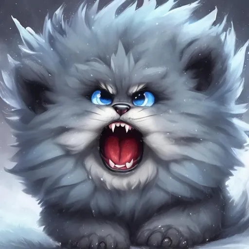 Prompt: Fluffy cute ball that is vicious, (fluffy cute ball) glowing blue eyes, grey spotted fur, growling, fangs, masterpiece, best quality, ((In Winter Oil Painting style))