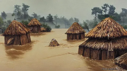 Prompt: Painting of primitive stone huts being flooded, by Alejandro Bursido