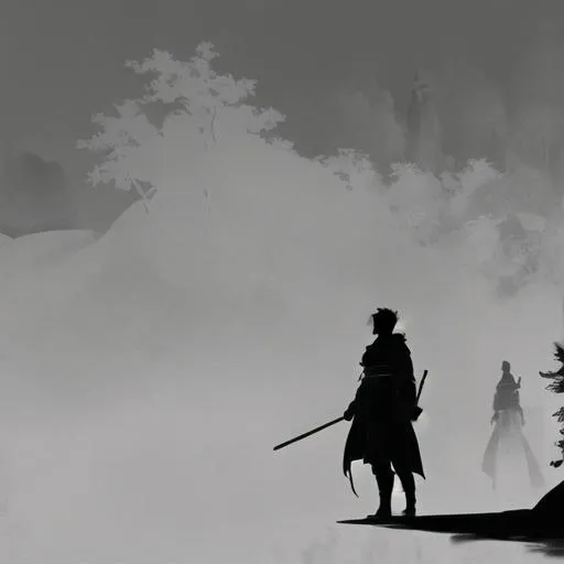 Prompt: Sekiro standing on a tree in defences pose, dark lightining, brushes colors, silhouette art, dark ambient, 4k 