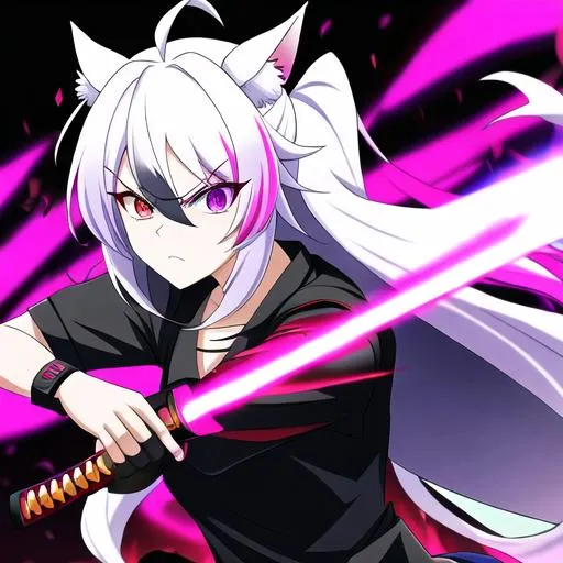 Prompt: Haley  as a demon (multi-color hair) (multi-color eyes)(she has horse ears) holding a katana, fighting, with an angry look on her face