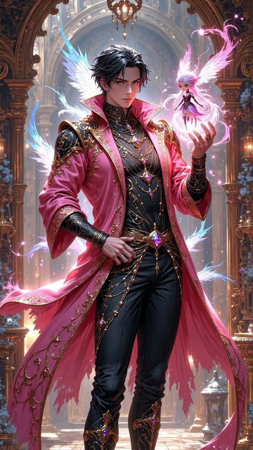 Prompt: ((tall masculine adult man)) as a ((magical puppeteer)) with ((short black hair)), black eyes, dressed in ornate entirely pink layered textured puppeteer gear, left hand holding ((magic figurine puppet)). 

sunny skies, high contrast lighting, ((wide length camera)), long distance , long shot, left side angle, wide depth of field. film grain, film textures. 

Overall feeling of spirituality. The background is a high detailed figurine store. ((he is a muscly man))