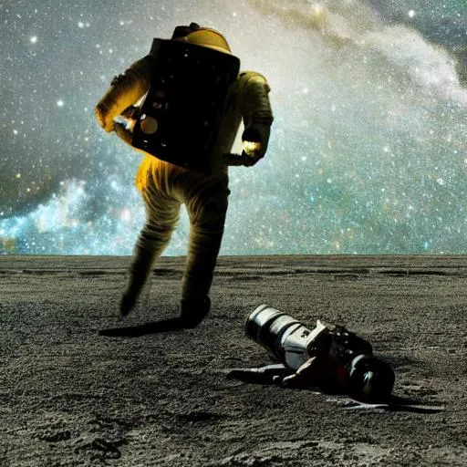 Prompt: A spaceman trying to fix shit while reality breaks and morphs and ceases to be all around and down and up 