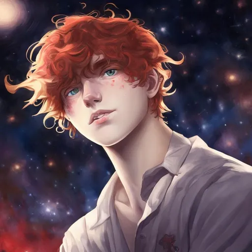 Prompt: Portrait of a young guy with medium length red cream colored hair, dark red eyes, with the stars in the background.