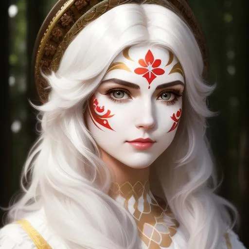 Prompt: ((Masterpiece, best quality))
{Alex Chow | Greg Rutkowski | ArtStation}.
Face painting of a beautiful white woman in her 20s with half her face paint. (fluffy hair). (Soul: 1.6) (Characteristics: 1.6). (wood cabin background | candles)
Detailed face. Detailed eyes. Highly detailed. 
(UHD:1.2), HDR, 8K, Unreal Engine 5. Highly accurate lighting, and extraordinary reflection. 
