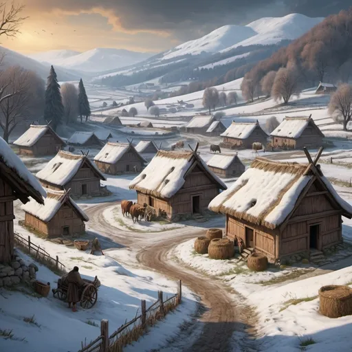 Prompt: (ancient scene) Dacian farm in the 1st century, rustic architecture, thatched roofs, fertile fields, traditional wooden tools, villagers engaging in daily activities, snow and dark atmosphere, anxious atmosphere and agrarian life, snow,  rolling hills in the background, high quality, ultra-detailed, vibrant colors, atmospheric storytelling.