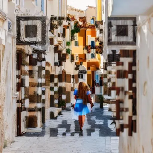 Prompt: Corfu medieval city a traveler strolling through the cobblestoned streets exploring 
