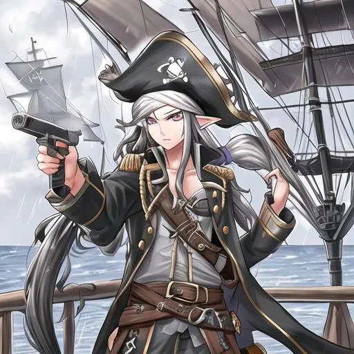 Prompt: pirate, elf, long hair, grey black hair, pistol, raining, cloudy, on ship