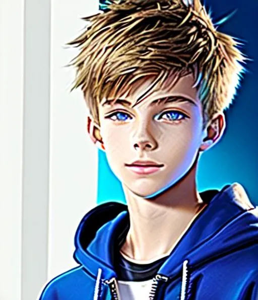 Prompt: Concept art, digital brush, Beautiful young teen boy, (16 year old kid) (messy hair)+ ((hair covering eye))++ emo cut, lightbrownhair boy, hair, sharp gaze, blue eyes, innocent, boy model, 16 years old, hot, pretty, cute, hoodie zipper, cinematic lighting, blue sky, bright colors, blue, green, yellow, white,  luminous, hyperdetailed, great composition, professional, artstation award, (white background)++ 