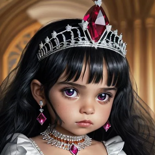 Prompt: A child princess with black hair wearing elaborate ruby and sapphire jewelry, fancy tiara, facial closeup