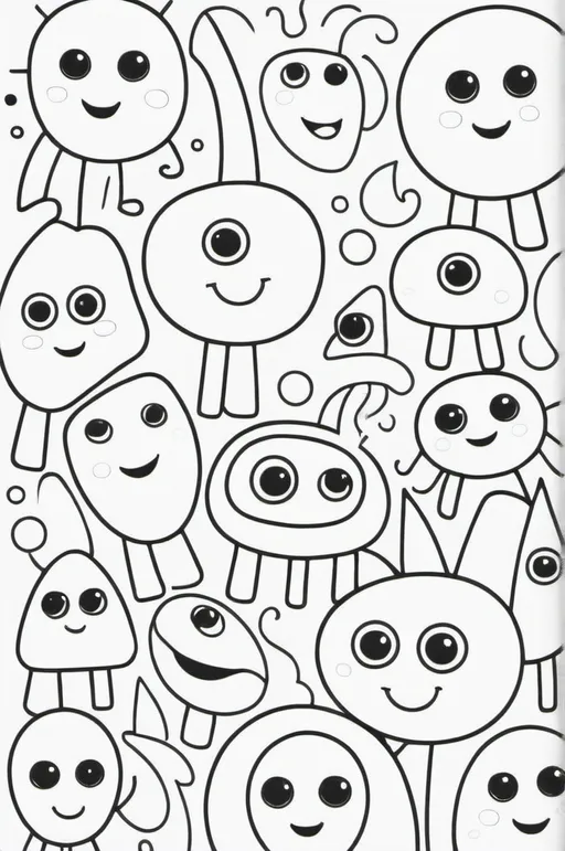 Prompt: black and white, (coloring book page), children's painting style, (geometric figures), closed spaces, line art, bold outlines, engaging patterns, whimsical shapes, artistic exploration, intricate details, fun yet educational, captivating layout, high-quality illustration, very simple, clean and strong lines, cute figures with mouth and eyes