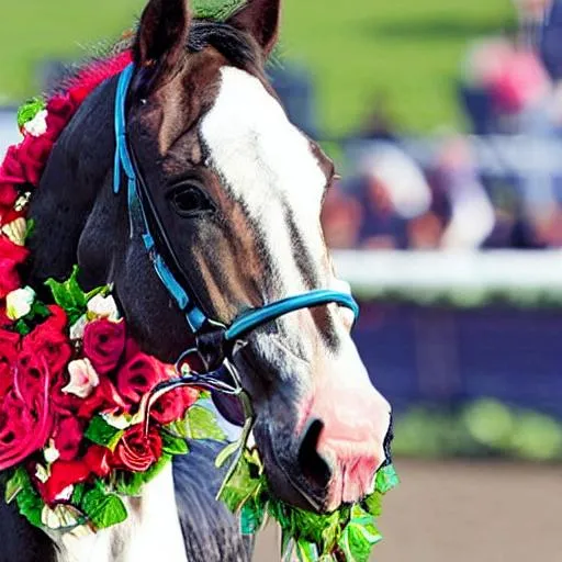 Prompt: Create an image of a horse winning the Kentucky Derby, with a garland of roses around its neck.