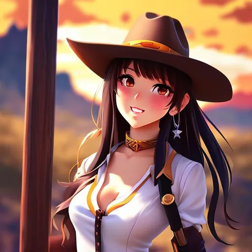 Prompt: 1girl,cowgirl, anime art style, facing camera,  colt45. revolver, wild west vibe