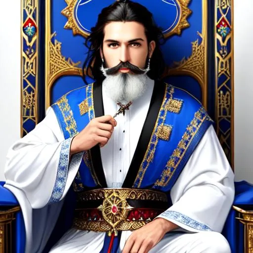 Prompt: A human king wearing white and blue and red medieval Anglo Saxon/ancient Arabian king's garments. short black hair, blue eyes, long black beard. Sitting on a silver throne decked with sapphires and rubies and diamonds.