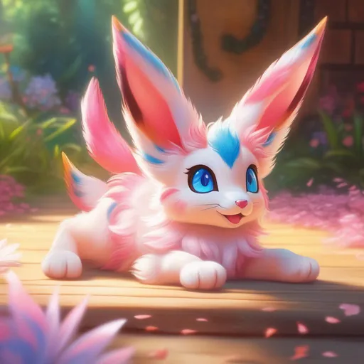 Prompt: super accurate (Sylveon), (canine quadruped), realistic, photograph, epic oil painting, (hyper real), furry, (hyper detailed), photorealism, extremely beautiful, (on back), sprawled, paws in the air, playful, UHD, studio lighting, best quality, professional, photorealism, masterpiece, ray tracing, 8k eyes, 8k, highly detailed, highly detailed fur, hyper realistic thick fur, (high quality fur), fluffy, fuzzy, full body shot, rear view, hyper detailed eyes, perfect composition, realistic fur, fox nose, highly detailed mouth, realism, ray tracing, soft lighting, studio lighting, masterpiece, trending, instagram, artstation, deviantart, best art, best photograph, unreal engine, high octane, cute, adorable smile, lazy, peaceful, (highly detailed background), vivid, vibrant, intricate facial detail, incredibly sharp detailed eyes, incredibly realistic fur, concept art, anne stokes, yuino chiri, character reveal, extremely detailed fur, sapphire sky, complementary colors, golden ratio, rich shading, vivid colors, high saturation colors, nintendo, pokemon, silver light beams