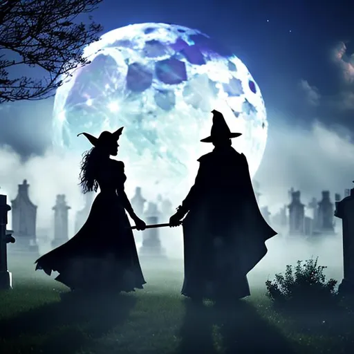 Prompt: spooky vampire and witch in the moonlight on cementary
