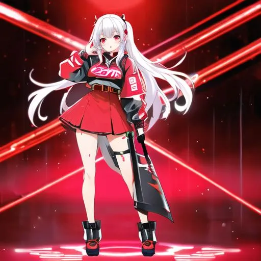 Prompt: Cyborg manga girl, dripping blood, neon lights, full body shot, red and black colour scheme, blurry background