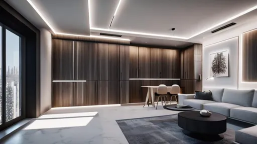 Prompt: modern futuristic Apartment interior Design with liminal space. cinematic lighting, soft color palette, after effects, lightroom, hyperrealistic, futuristische Elements, mediterrane. Architectural magazin picture. Cinematic. Wood and Stone, modern futuristic Style.
