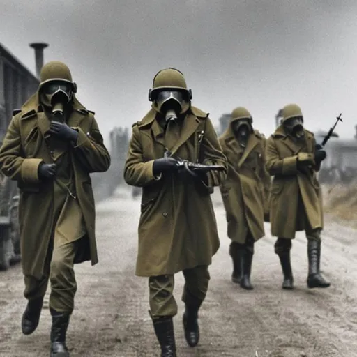 Prompt: Soldiers wearing gas mask while in a trench