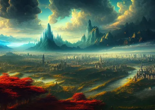 Prompt: long shot scenic professional photograph of a fantasy world with cities in the sky, perfect viewpoint, highly detailed, wide-angle lens, hyper realistic, with dramatic sky, polarizing filter, natural lighting, vivid colors, everything in sharp focus, HDR, UHD, 64K