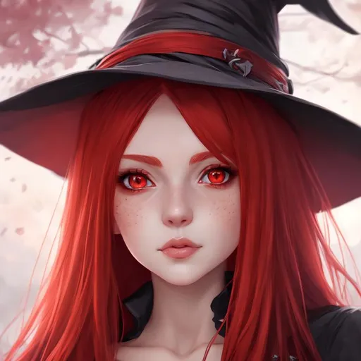 Prompt: potrait of beautiful red haired witch girl, witch hat, beautiful eye, anime girl, smooth skin, soft lighting, detailed face, detailed background, trending on artstation, 4k, 8k, wlop, artgem, rossdraw