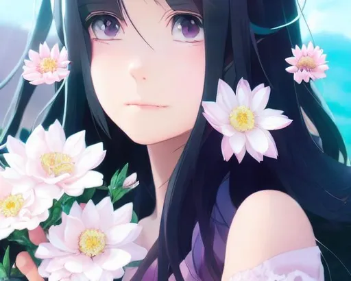 Prompt: close up portrait of a girl with long black hair, soft smile, anime heart sign with hand, white flowers in hair, pastel pink, pastel blue, pastel purple, by makoto shinkai, stanley artgerm lau, wlop, rossdraws, concept art, digital painting, looking into camera