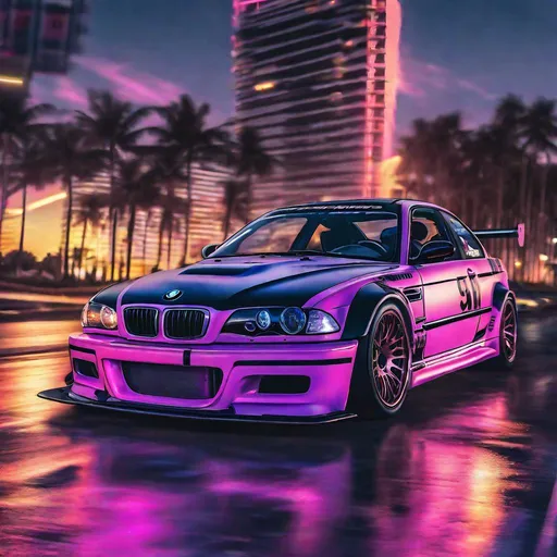 Prompt: 2001 BMW M3 E46 GTR, synthwave, aesthetic cyberpunk, miami, highway, dusk, neon lights, coastal highway, dusk, neon lights, coastal highway, sunset, drift, nurburgring, water on the road, blade runner, 64k, watercolor, macro sharp focus, 8, hyper realistic, cinematic, highly detailed, photoraelistic, clean, formuladrift