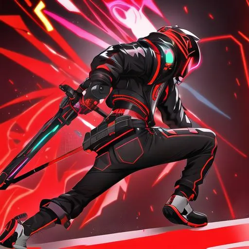 Prompt: Male character, black but red neon gas mask, cyber netrunner hood (black but neon red), neon red Sword In its Back, Red Mecha Cyber Jacket, black jeans, red shoes