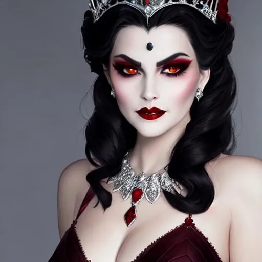 Prompt: evil queen, wearing a tiara, heavy makeup , dark red lips
