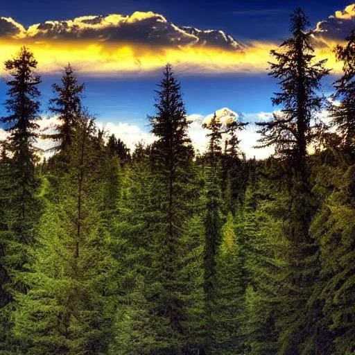 Prompt: photo, forest at night, sunset, trees over horizon, spruce trees, beautiful clouds