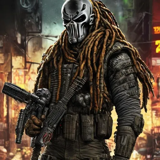 Prompt: Redesigned rasta Gritty dark (black, khaki, olive, blaze orange camouflage) intense futuristic military commando-trained villain Todd McFarlane's punisher Spawn. Cowboy. Bloody. Hurt. Damaged mask. Accurate. realistic. evil eyes. Slow exposure. Detailed. Dirty. Dark and gritty. Post-apocalyptic Neo Tokyo with fire and smoke .Futuristic. Shadows. Sinister. Armed. Fanatic. Intense. 