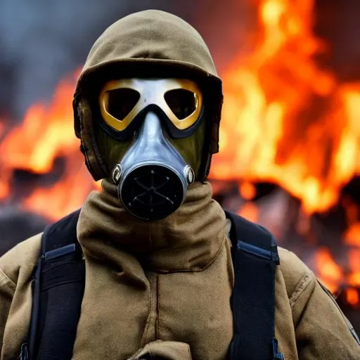 Prompt: a soldier with gas mask standing against fires to waiting put off  4k hd aesthetic