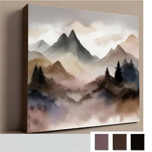 Prompt: Misty, one mountain scene, using the colors taupe, white, cream, brown, black, soft pink