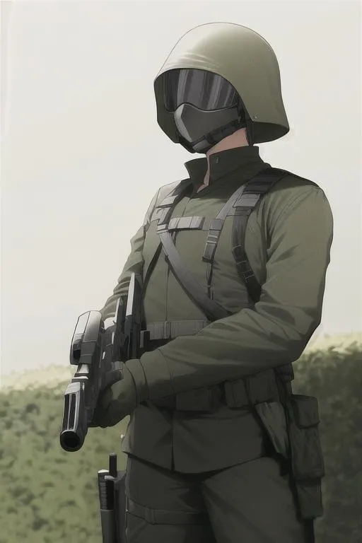 Prompt: A soldier in black XXTH century combat uniform, with a german Stahlhelm helmet covering his head and a visor covering his face. He holds a rifle and wears a combat uniform.
