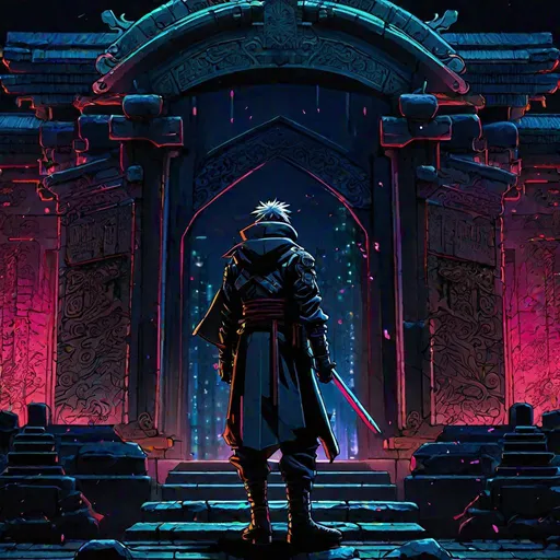 Prompt: anime cyberpunk ninja standing in front of a tomb, highly detailed, HD, dark background, neo tokyo, hayao miyazaki