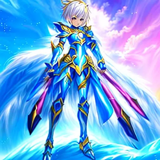 Prompt: Anime, painted, (masterpiece), best quality, expressive eyes, perfect face, full body, 1girl, fourteen years old, dressed in a blue skin tight bodysuit under a set of white armor, wielding a blue tower shield, chest plate with a small blue gem in the middle, short blue hair, blue eyes, determined expression, gauntlets, greaves, armored boots,