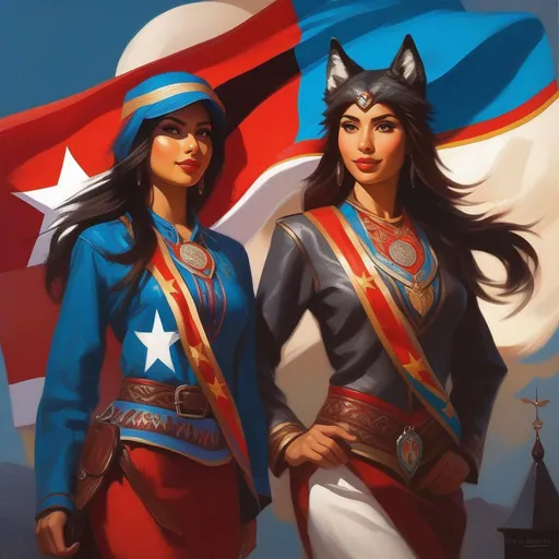 Prompt: Azeri wolfgirls, Azeri flag, cartoony style, extremely detailed painting by Greg Rutkowski and by Henry Justice Ford and by Steve Henderson 