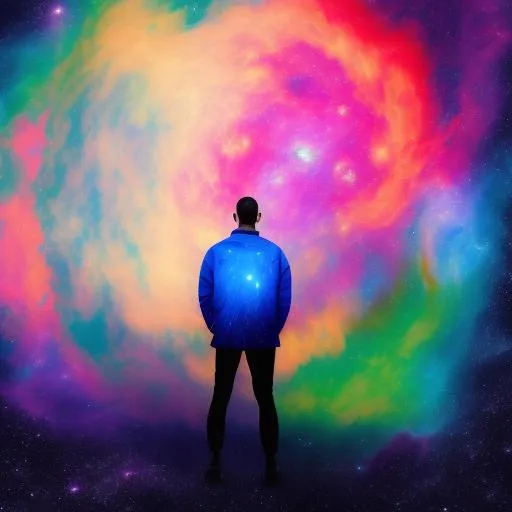 Prompt: man looking at a colourful nebula, looking back, wearing jacket, ,((artistic))