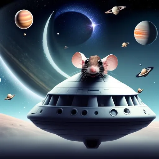 Prompt: mouse rodent in starry space with moon planets ufo ship