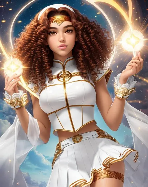 Prompt: A beautiful 14 year old ((Latina)) light elemental with light brown skin and a beautiful face. She has short curly reddish brown hair and reddish brown eyebrows. She wears a beautiful tight white princess outfit with a white skirt. She has brightly glowing yellow eyes and white pupils. She wears a gold headband. She has a yellow aura around her. She is using light magic in battle against a giant monster in a open field. Epic battle scene art. Full body art. {{{{high quality art}}}} ((goddess)). Illustration. Concept art. Symmetrical face. Digital. Perfectly drawn. A cool background.