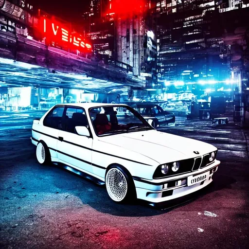 Prompt: customised bmw e30 with widebody.  at night under a bridge, in a futuristic dark cyberpunk city with futuristic skyscrapper and building  full of neon light and comercial writings in the background.
