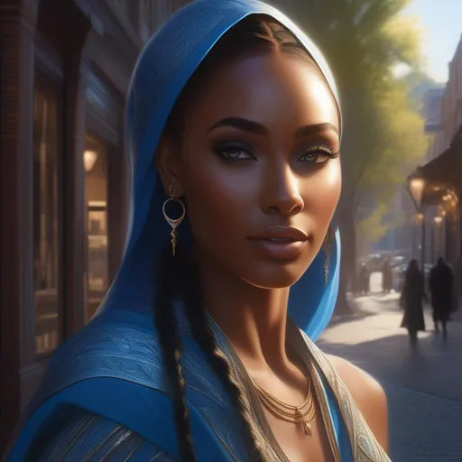 Prompt: {{{highest quality concept art masterpiece}}}, (Masterfully crafted Glow, blue lens flare:1.1), perfect composition, ultra-realistic, front facing, a tall elvish woman with African-American features, walking down the street, 
