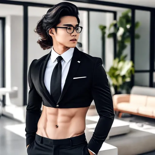 Prompt: an attractive long-haired 20-years old man with abs and glasses wearing a crop top black suit and tie 