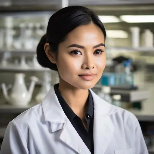 Prompt: RAW photo, 3/4 body shot, pretty young Indonesian woman, 25 year old, (round face, high cheekbones, almond-shaped brown eyes, epicanthic fold, short black hair, small delicate nose, slightly flattened nose bridge, wide nasal base, full luscious lips),  white lab coat, scientist, dynamic pose, background chemistry laboratory, hd, masterpiece, intricate detail, hyper-realistic, photorealism, award–winning photographshot on a Fujifilm XT3