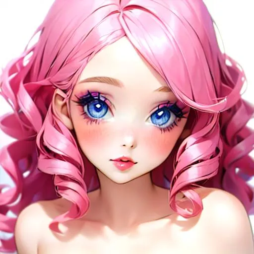 Prompt: pretty girl, pink curly hair, blue eyes, pretty makeup

