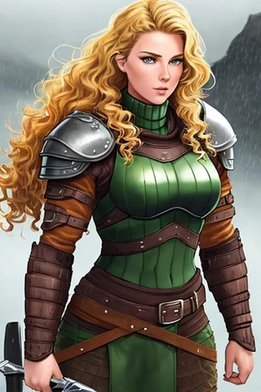 Prompt: digital art, 27-year-old Young woman viking, Quite well-built and lean muscled, black armor, orange gear, Green-gold eyes, short brown hair with streaks of blonde Curly and thick. True curliness shows in misty and/or rainy weather, hair Bordering between blond and dirty blond a middle ground the true challenge, full body, full armor, unreal engine 8k octane, 3d lighting
