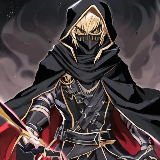 Prompt: Assassin cloaked and half ski mask,  golden stripes at the edge of his diamonds on his cloth, black cloak,  black smoke emits from cloak ,galactic background