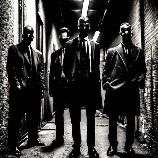 Prompt: a dramatic scene set in the dark underbelly of an urban landscape. A group of sharply dressed individuals stands in a dimly lit alley, their faces obscured by the shadows, lending an air of mystery to their intentions.

The figures, inspired by the archetypal appearance of mafia members, exude an aura of power and intimidation. Their expressions are stern and determined, hinting at a concealed agenda. Instead of pointing guns directly at the man, they could be shown with their weapons lowered or holstered, emphasizing their potential threat without promoting explicit violence.

The central focus is on the man they have encountered, depicted as an ordinary citizen, vulnerable and taken aback by the encounter. His body language expresses surprise and concern, but not excessive fear or harm.

The artwork plays with chiaroscuro, using contrasting light and shadows to create a gripping atmosphere. The dark alleyway with hints of urban decay and the distant glow of city lights adds to the ambiance of the scene.