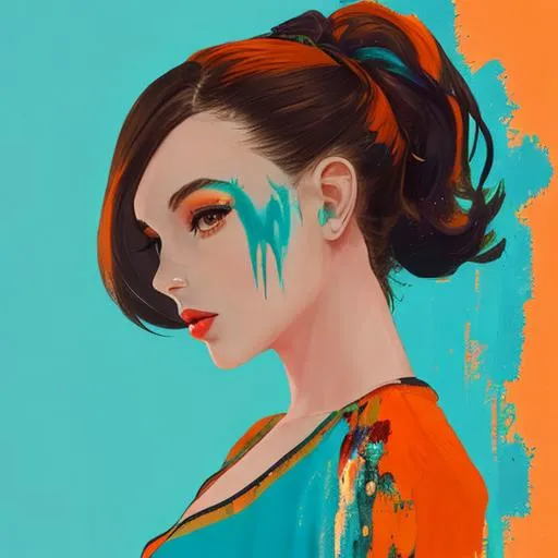 Prompt: painted woman with brunette hair and a aqua/orange background